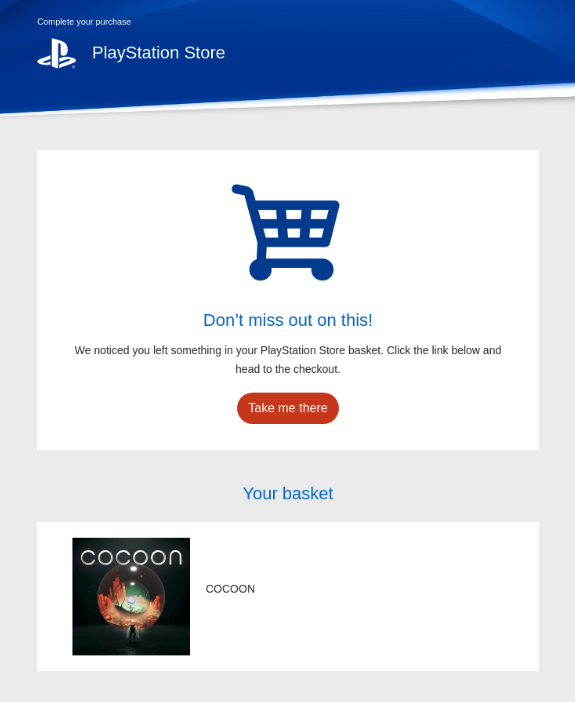 Screenshot of Playstation abandoned cart email